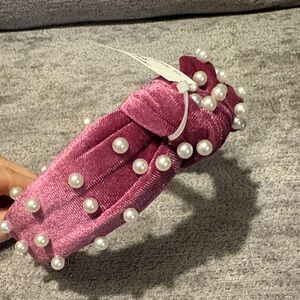 Pink Velvet Headband with Pearls